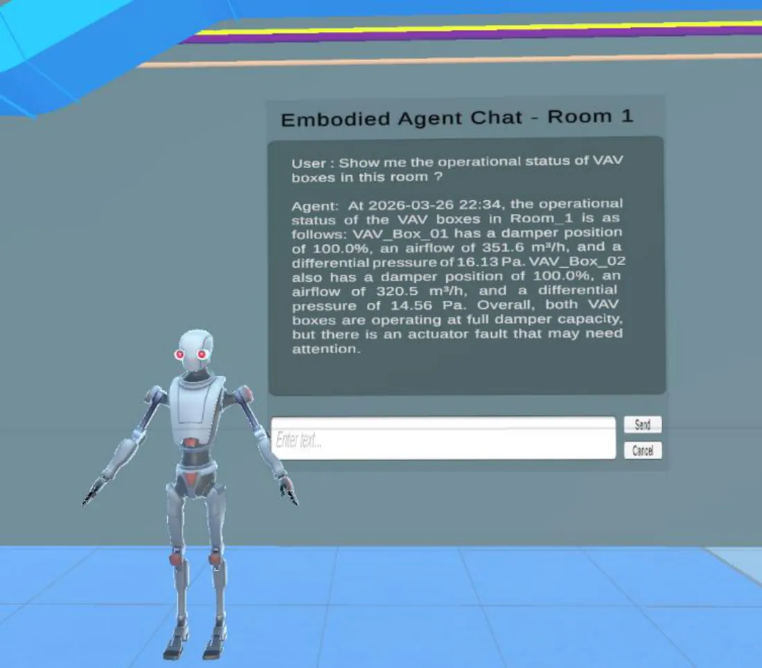 Embodied humanoid agent in VR beside a chat panel titled Embodied Agent Chat - Room 1, answering a question about VAV box operational status with specific damper, airflow and pressure values.
