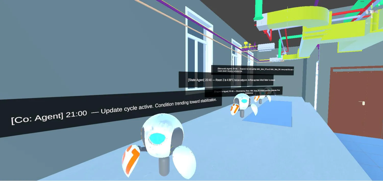Room 2 in VR with four floating text banners showing coordinator, state, diagnosis and semantic agent messages, each timestamped.