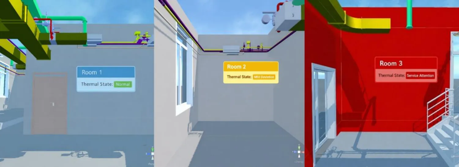 Three rooms in VR with wall-mounted service-state indicators: Room 1 Normal in blue, Room 2 Mild Deviation in yellow, Room 3 Service Attention in red with the whole room tinted red.