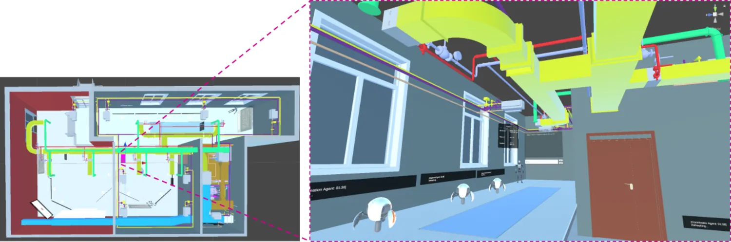 Left: plan view of the VR model. Right: first-person view inside the BIM-MEP room environment with agents present.