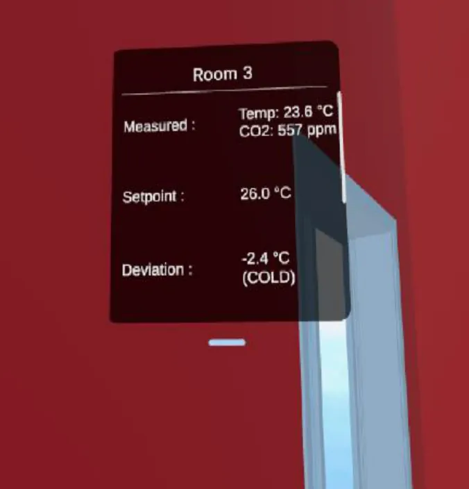 VR room panel for Room 3 showing measured temperature 23.6 degrees, CO2 557 ppm, setpoint 26.0 degrees and deviation -2.4 degrees COLD.